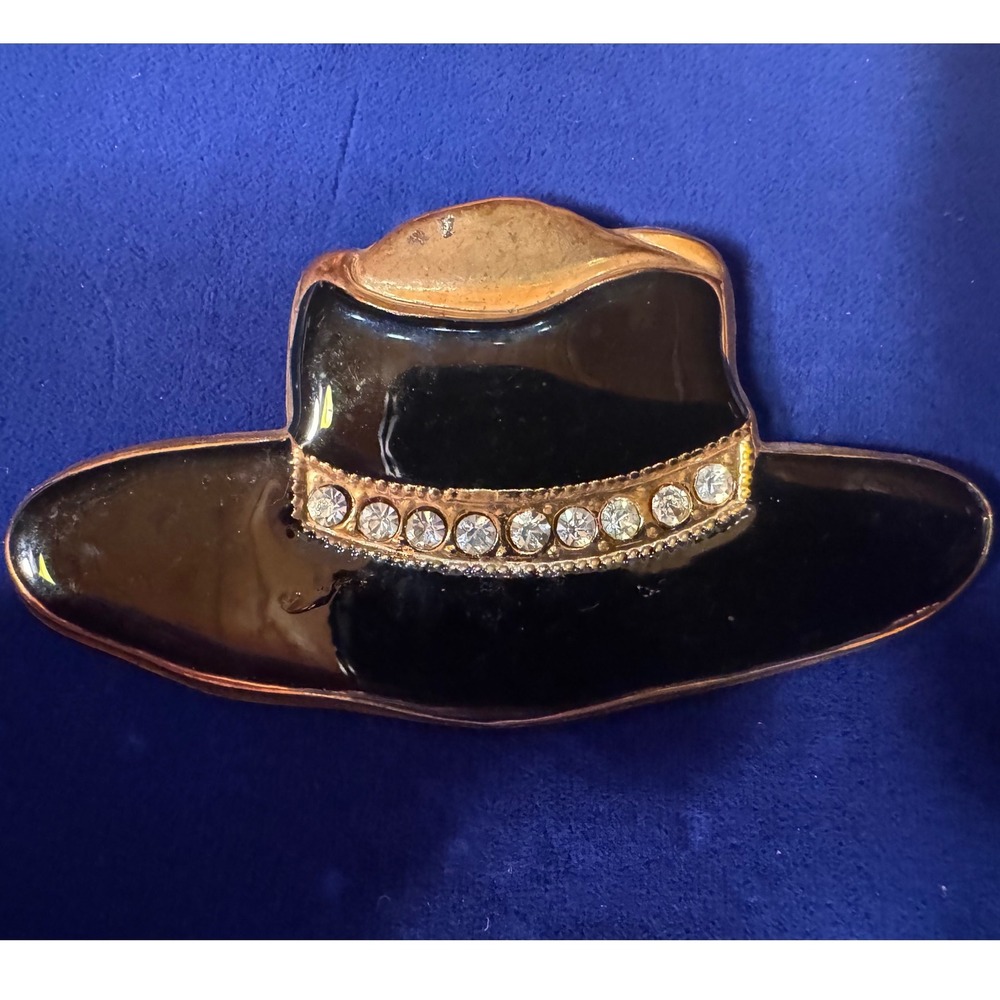 Vintage Black Enamel Gold Tone Sun Hat Brooch Rhinestone Accents Pin
